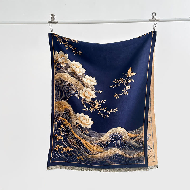 Buddha Stones, Herbst-Lotusblumen, Meereswellenmuster, weicher Schal, Quasten-Tuch - Marine - 185 x 65 cm - image 9