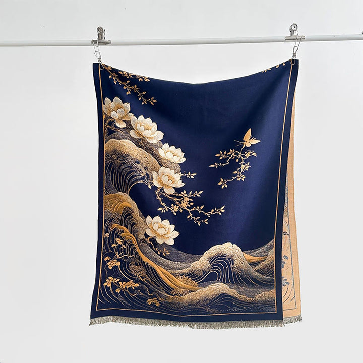 Buddha Stones, Herbst-Lotusblumen, Meereswellenmuster, weicher Schal, Quasten-Tuch - Marine - 185 x 65 cm - image 9