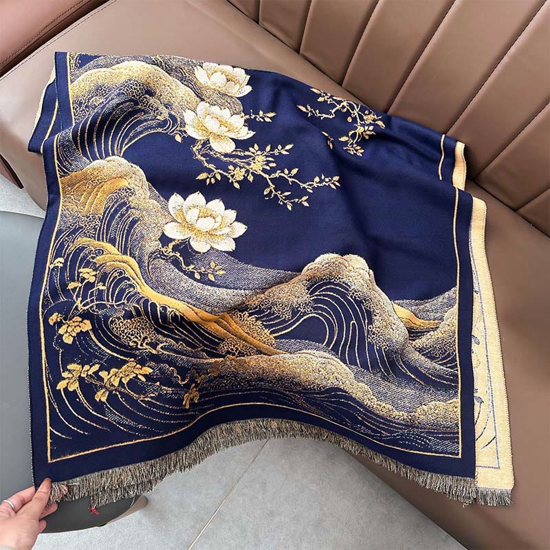 Buddha Stones, Herbst-Lotusblumen, Meereswellenmuster, weicher Schal, Quasten-Tuch - image 10