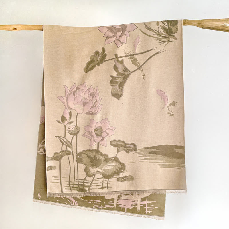 Buddha Stones ​​Herbst-Lotus-Koi-Fisch-Libellen-Muster Kuschelschal - Antikweiß - 180 x 65 cm - image 12