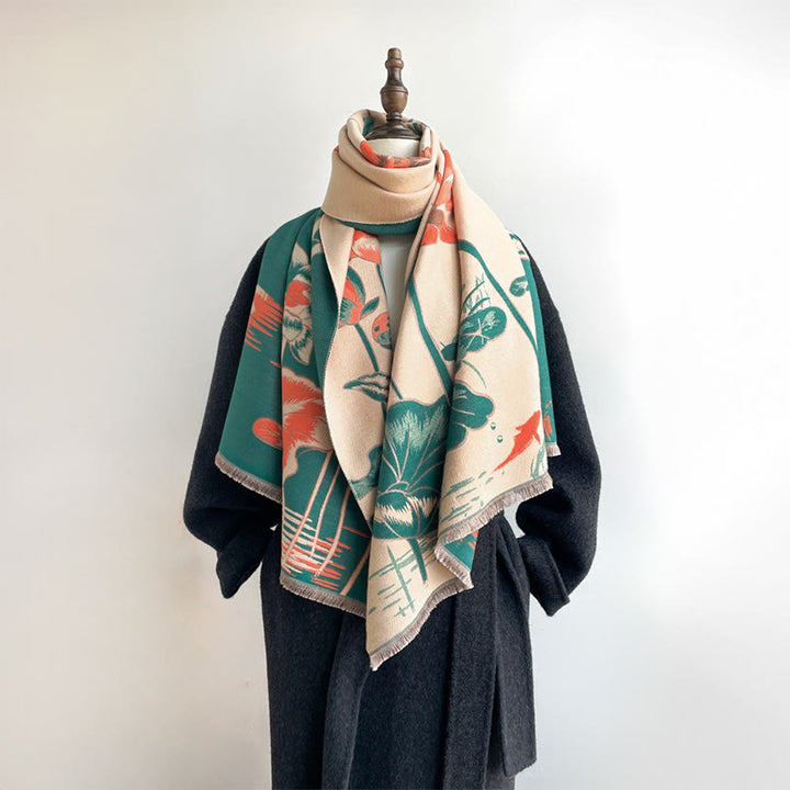 Buddha Stones ​​Herbst-Lotus-Koi-Fisch-Libellen-Muster Kuschelschal - Türkis - 180 x 65 cm - image 0