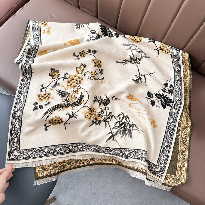 Buddha Stones, Wintervögel, Bambusblätter, Rankenmuster, weicher Schal/Stola - Beige - 180 x 65 cm - image 8