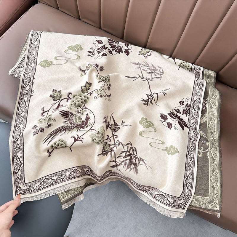 Buddha Stones, Wintervögel, Bambusblätter, Rankenmuster, weicher Schal/Stola - Dunkelkhaki - 180 x 65 cm - image 12