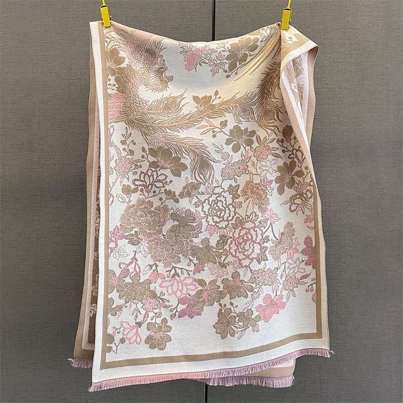 Buddha Stones, Herbst-Phönix-Blumen-Muster, weicher Schal - Dunkelkhaki - 185 x 65 cm - image 4