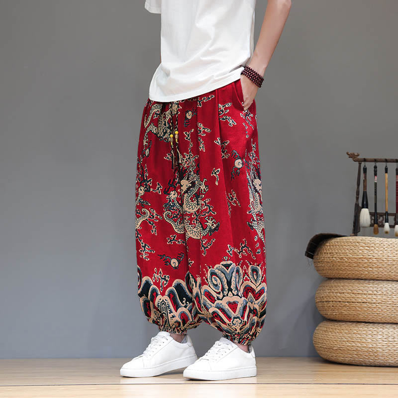 Buddha Stones Sommer Drachen Kordelzug Design Baumwoll-Leinen Herren Haremshose mit Taschen - Rot - US/ UK/AU46, EU56 (5XL) - image 0