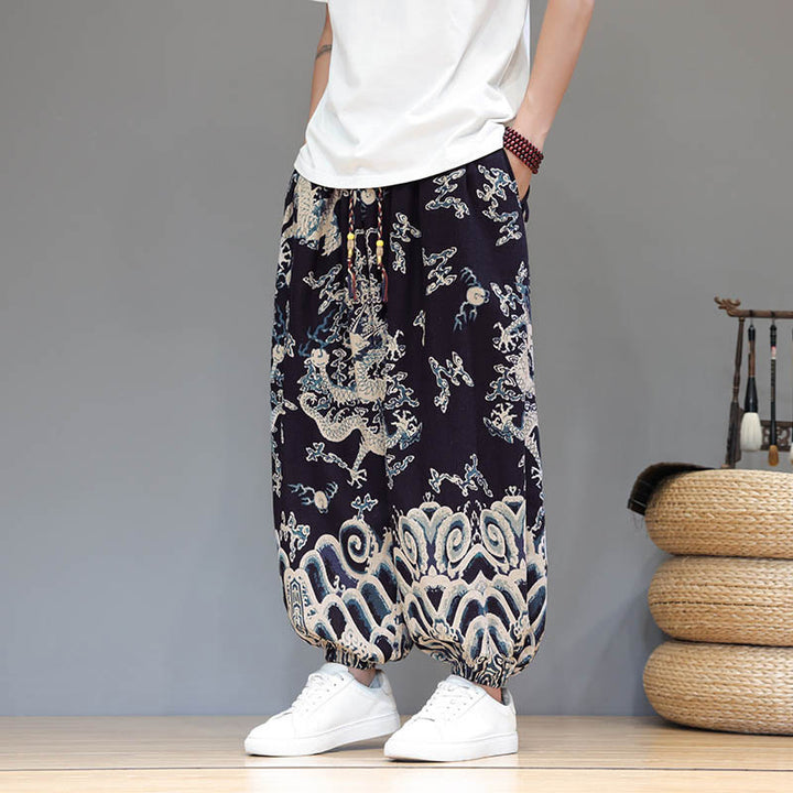 Buddha Stones Sommer Drachen Kordelzug Design Baumwoll-Leinen Herren Haremshose mit Taschen - SteelBlue - US/ UK/AU46, EU56 (5XL) - image 10