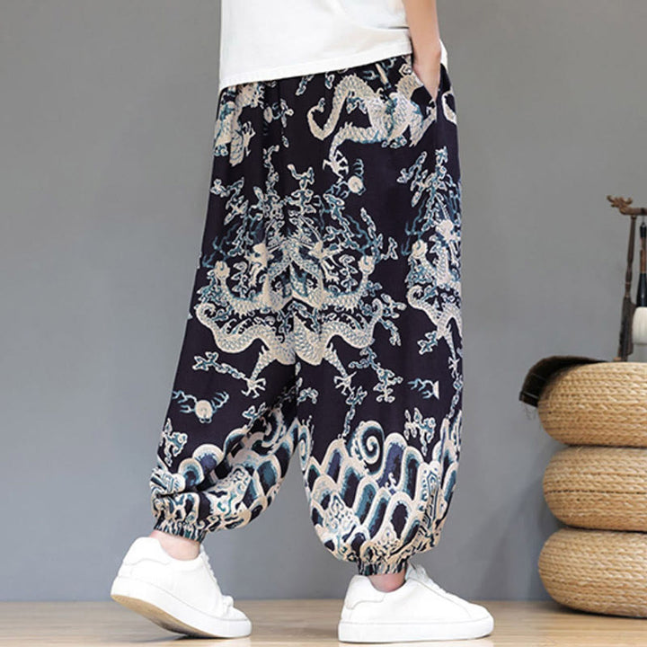 Buddha Stones Sommer Drachen Kordelzug Design Baumwoll-Leinen Herren Haremshose mit Taschen - image 14