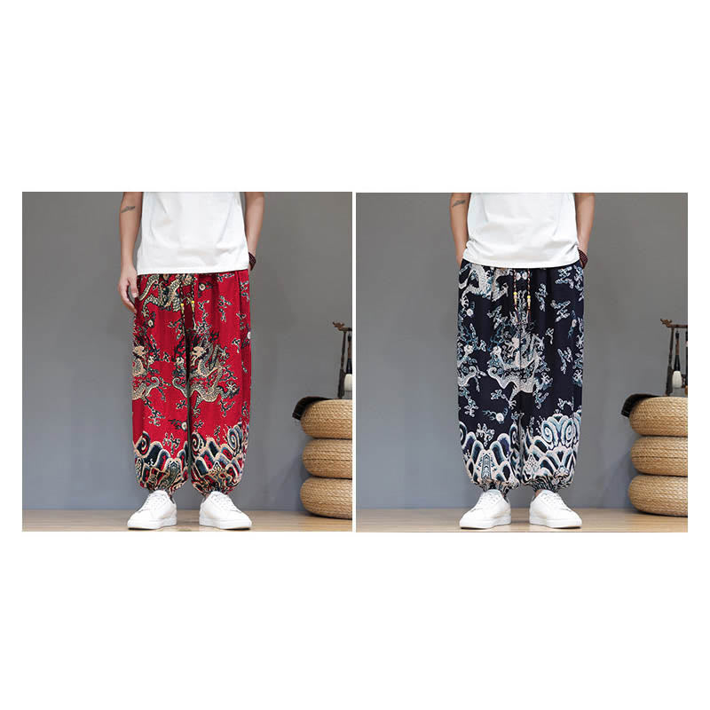 Buddha Stones Sommer Drachen Kordelzug Design Baumwoll-Leinen Herren Haremshose mit Taschen - image 18
