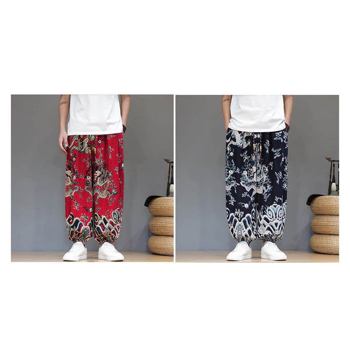 Buddha Stones Sommer Drachen Kordelzug Design Baumwoll-Leinen Herren Haremshose mit Taschen - image 18