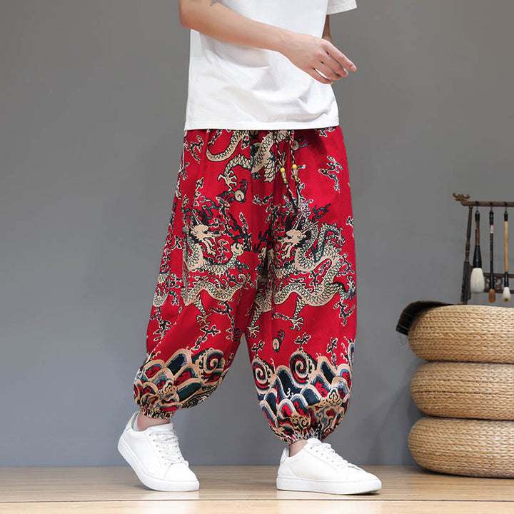 Buddha Stones Sommer Drachen Kordelzug Design Baumwoll-Leinen Herren Haremshose mit Taschen - image 7
