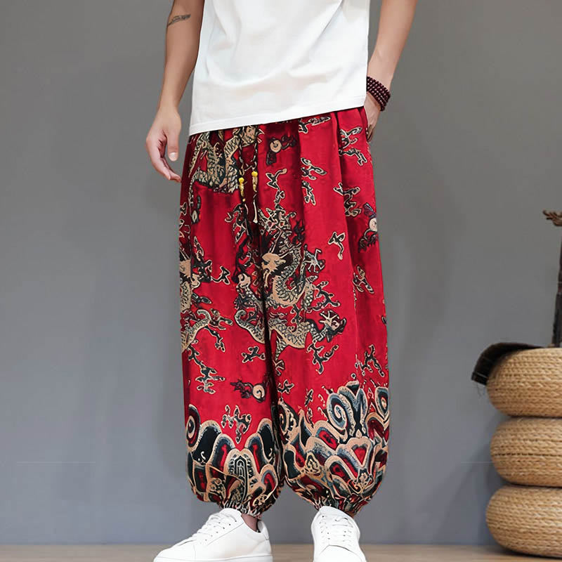 Buddha Stones Sommer Drachen Kordelzug Design Baumwoll-Leinen Herren Haremshose mit Taschen - image 6