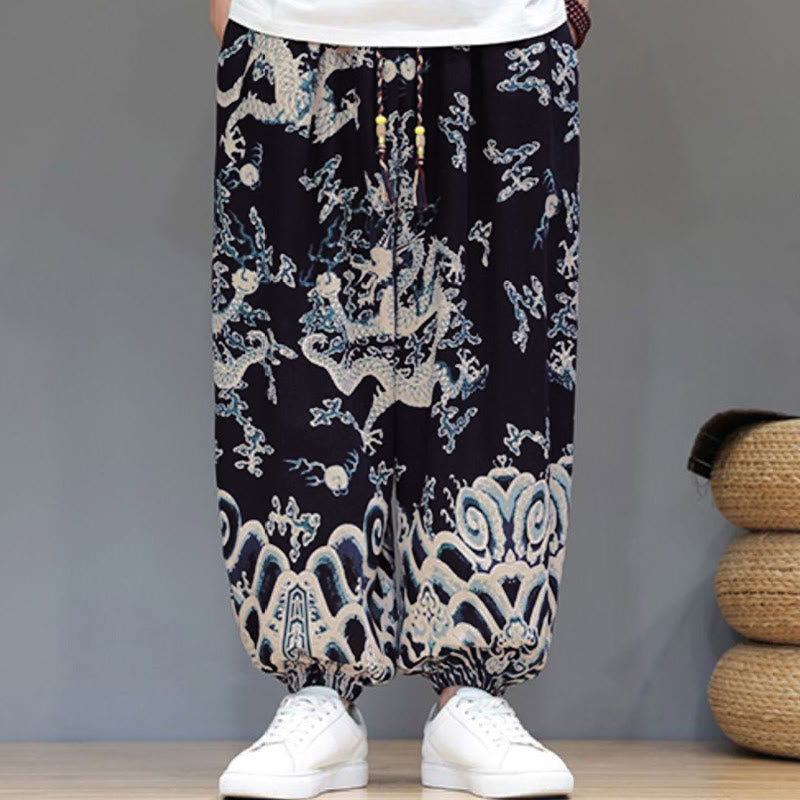 Buddha Stones Sommer Drachen Kordelzug Design Baumwoll-Leinen Herren Haremshose mit Taschen - image 12