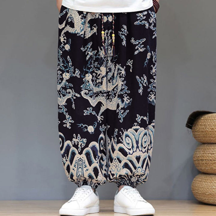 Buddha Stones Sommer Drachen Kordelzug Design Baumwoll-Leinen Herren Haremshose mit Taschen - image 12