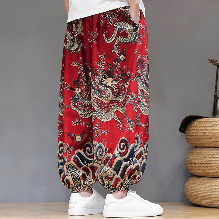 Buddha Stones Sommer Drachen Kordelzug Design Baumwoll-Leinen Herren Haremshose mit Taschen - image 4