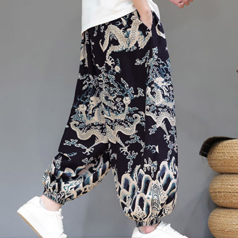 Buddha Stones Sommer Drachen Kordelzug Design Baumwoll-Leinen Herren Haremshose mit Taschen - image 15