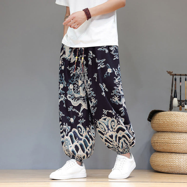 Buddha Stones Sommer Drachen Kordelzug Design Baumwoll-Leinen Herren Haremshose mit Taschen - image 16