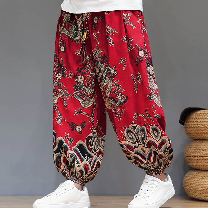 Buddha Stones Sommer Drachen Kordelzug Design Baumwoll-Leinen Herren Haremshose mit Taschen - image 1