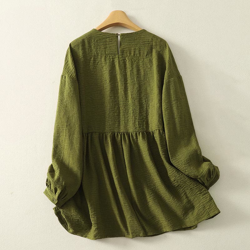 Buddha Stones Lässiges olivgrünes Langarmshirt mit Rundhalsausschnitt für Damen aus Baumwoll-Leinen. - image 1