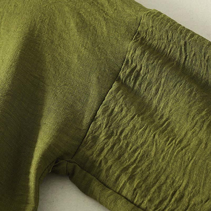 Buddha Stones Lässiges olivgrünes Langarmshirt mit Rundhalsausschnitt für Damen aus Baumwoll-Leinen. - image 5