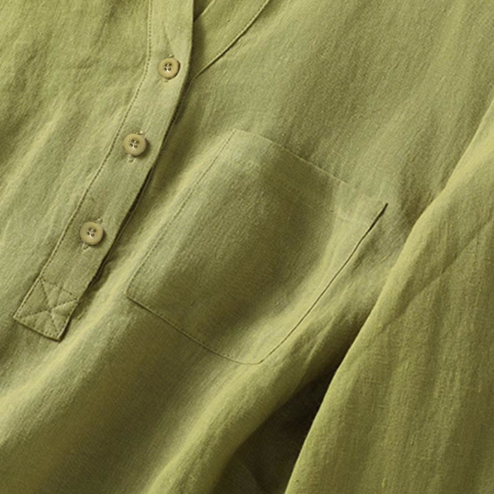 Buddha Stones Frühlings-Damenhemd mit Stehkragen und halben Knöpfen in Dunkelkhaki mit langen Ärmeln - image 6