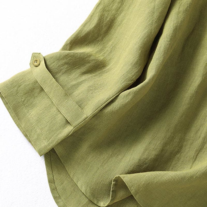 Buddha Stones Frühlings-Damenhemd mit Stehkragen und halben Knöpfen in Dunkelkhaki mit langen Ärmeln - image 7