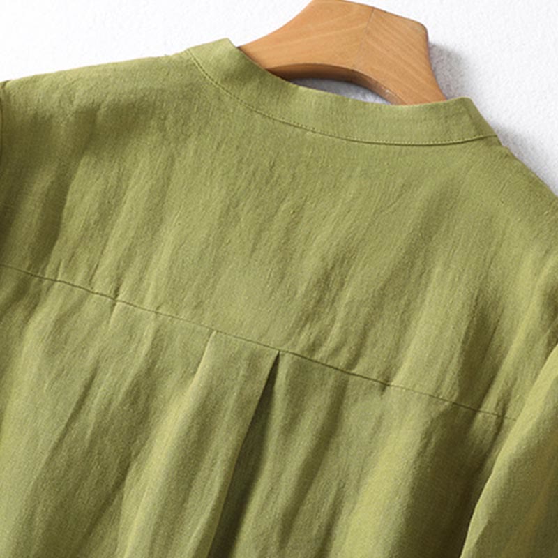 Buddha Stones Frühlings-Damenhemd mit Stehkragen und halben Knöpfen in Dunkelkhaki mit langen Ärmeln - image 4