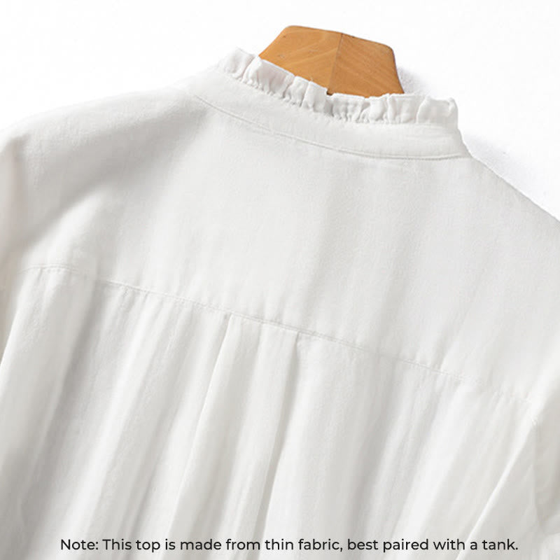 Buddha Stones ​​Weißes Langarm-Baumwollhemd mit Rüschenkragen und langem Ärmel - image 4