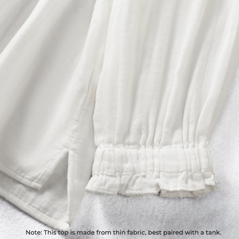 Buddha Stones ​​Weißes Langarm-Baumwollhemd mit Rüschenkragen und langem Ärmel - image 6