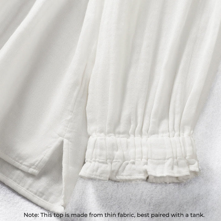 Buddha Stones ​​Weißes Langarm-Baumwollhemd mit Rüschenkragen und langem Ärmel - image 6