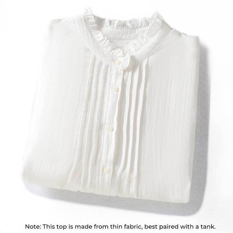 Buddha Stones ​​Weißes Langarm-Baumwollhemd mit Rüschenkragen und langem Ärmel - image 2