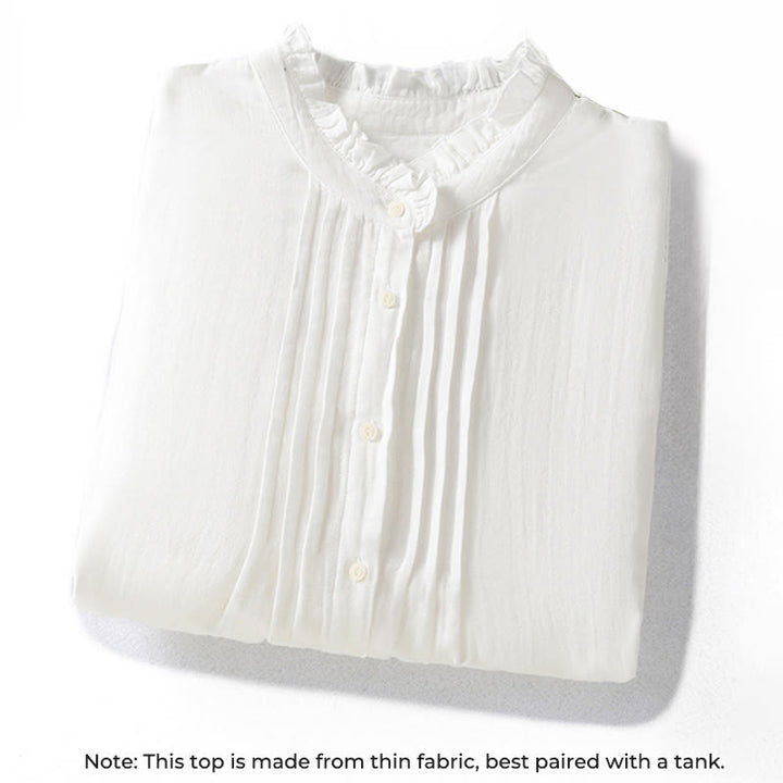 Buddha Stones ​​Weißes Langarm-Baumwollhemd mit Rüschenkragen und langem Ärmel - image 2