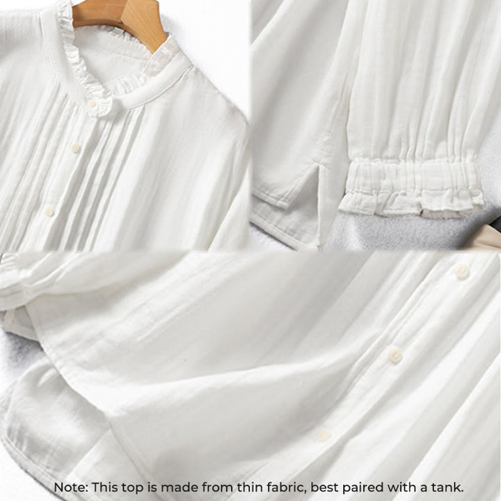 Buddha Stones ​​Weißes Langarm-Baumwollhemd mit Rüschenkragen und langem Ärmel - image 9