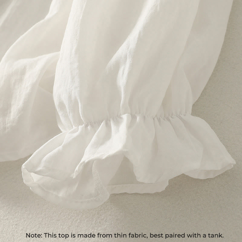 Buddha Stones, weiße Knöpfe, Rüschen, langärmeliges Damen-Baumwollhemd - image 5