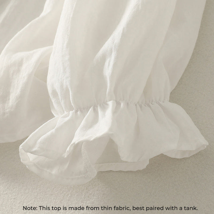 Buddha Stones, weiße Knöpfe, Rüschen, langärmeliges Damen-Baumwollhemd - image 5