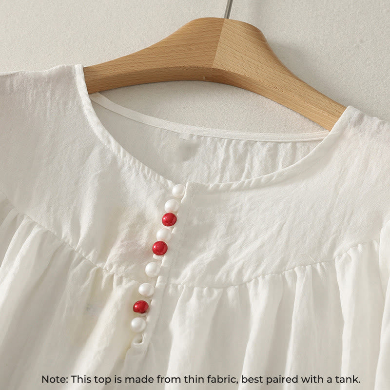 Buddha Stones, weiße Knöpfe, Rüschen, langärmeliges Damen-Baumwollhemd - image 2