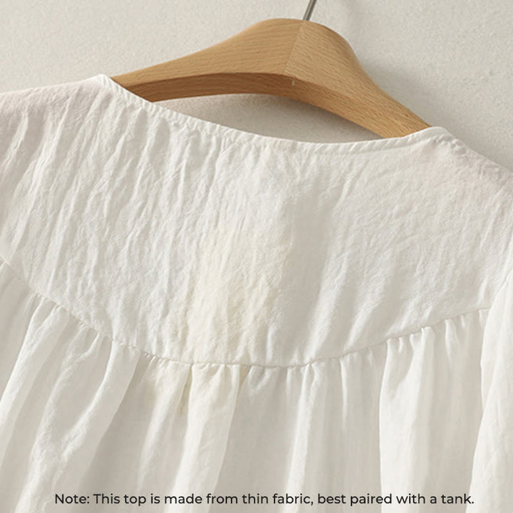 Buddha Stones, weiße Knöpfe, Rüschen, langärmeliges Damen-Baumwollhemd - image 3