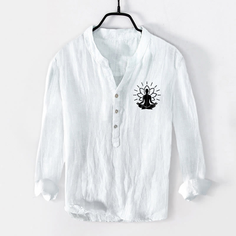 Buddha Stones , meditierender Buddha, Lotusmuster, halbe Knöpfe, Herren-Langarmhemd aus Baumwoll-Leinen-Mischgewebe - Weiß - US/ UK/AU50, EU60 (5XL) - image 6