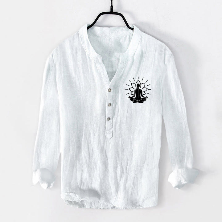 Buddha Stones , meditierender Buddha, Lotusmuster, halbe Knöpfe, Herren-Langarmhemd aus Baumwoll-Leinen-Mischgewebe - Weiß - US/ UK/AU50, EU60 (5XL) - image 6