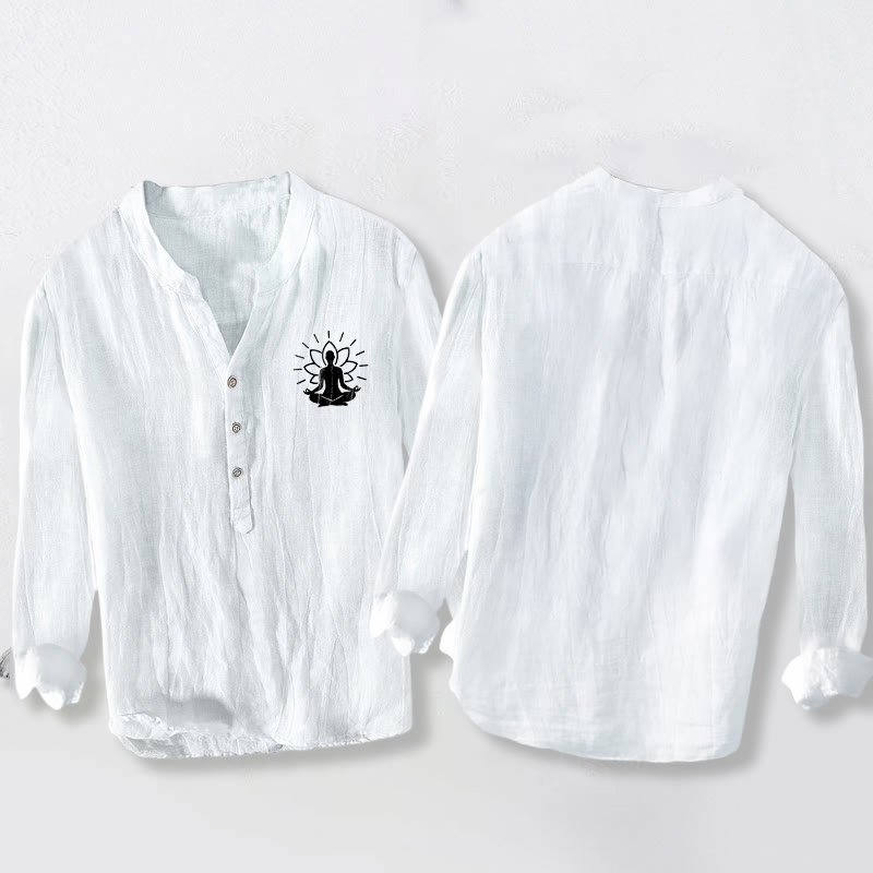 Buddha Stones , meditierender Buddha, Lotusmuster, halbe Knöpfe, Herren-Langarmhemd aus Baumwoll-Leinen-Mischgewebe - image 8