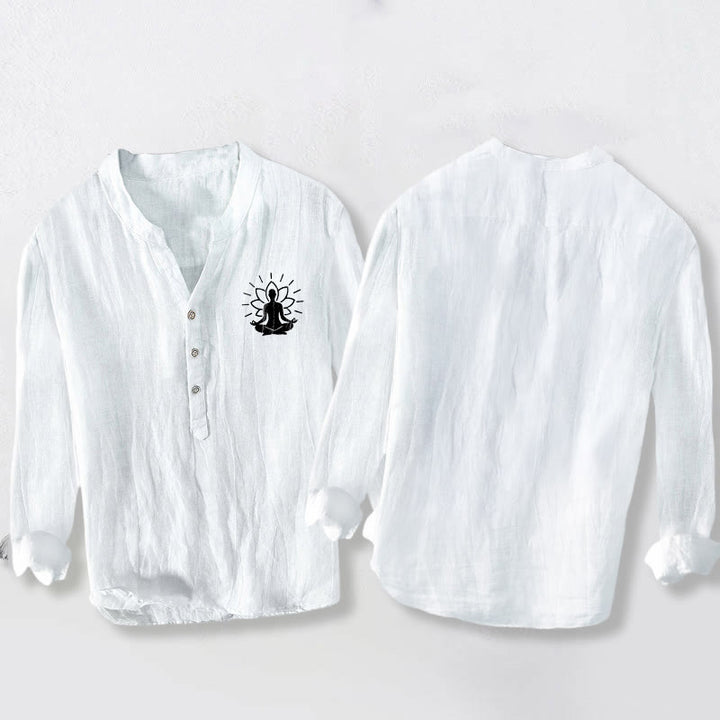 Buddha Stones , meditierender Buddha, Lotusmuster, halbe Knöpfe, Herren-Langarmhemd aus Baumwoll-Leinen-Mischgewebe - image 8
