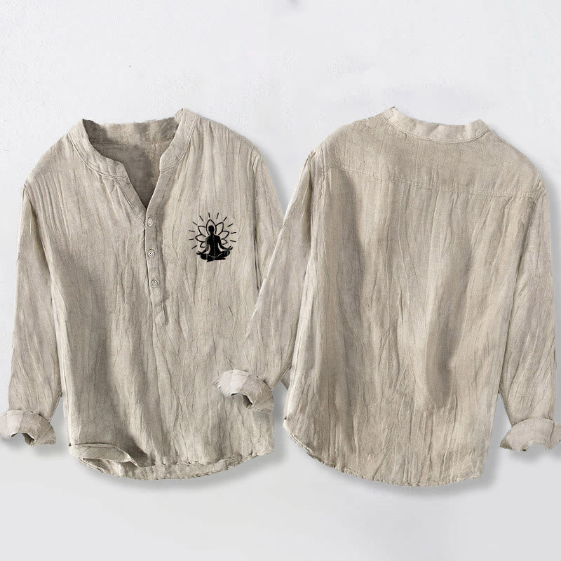 Buddha Stones , meditierender Buddha, Lotusmuster, halbe Knöpfe, Herren-Langarmhemd aus Baumwoll-Leinen-Mischgewebe - image 5