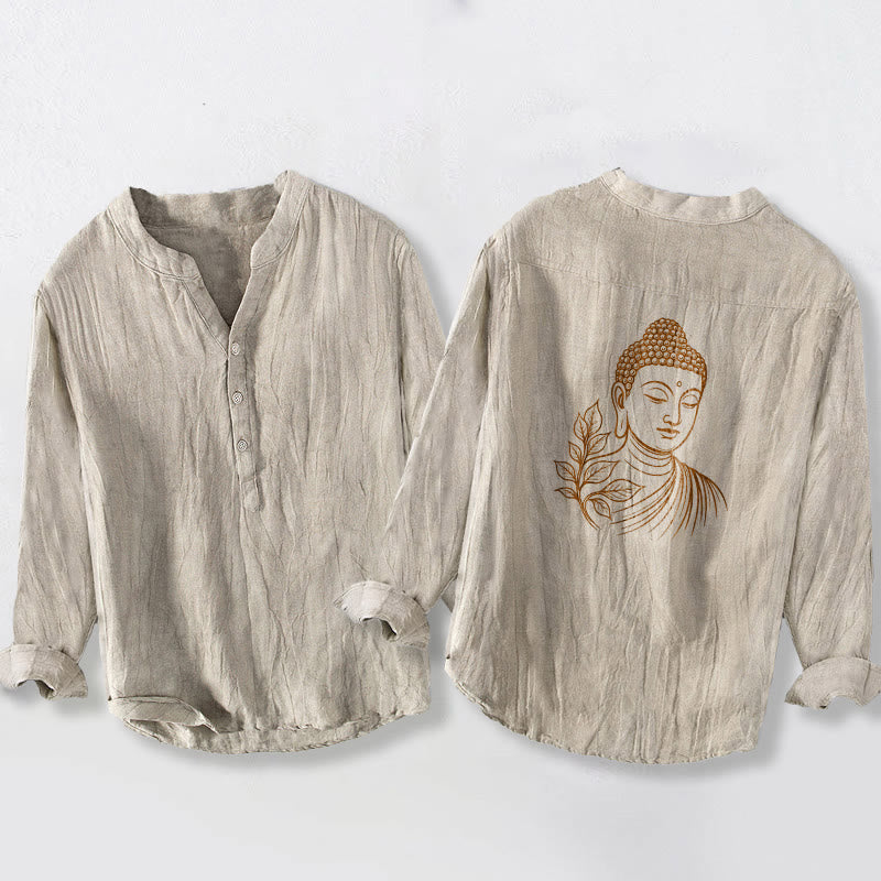 Herren-Langarmhemd aus Baumwoll-Leinen mit Buddha Stones, halben Knöpfen und friedlichem Buddha-Blätter-Motiv. - Leinen - US/ UK/AU50, EU60 (5XL) - image 6