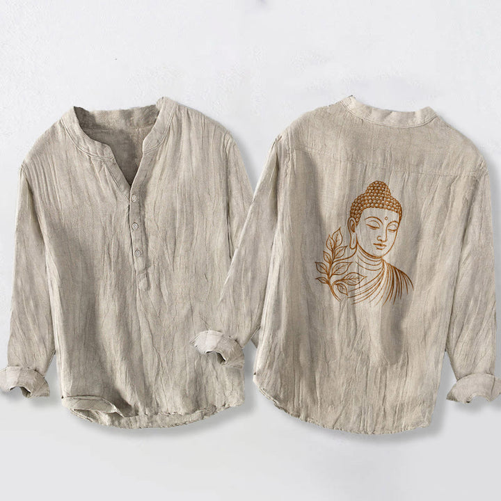 Herren-Langarmhemd aus Baumwoll-Leinen mit Buddha Stones, halben Knöpfen und friedlichem Buddha-Blätter-Motiv. - Leinen - US/ UK/AU50, EU60 (5XL) - image 6