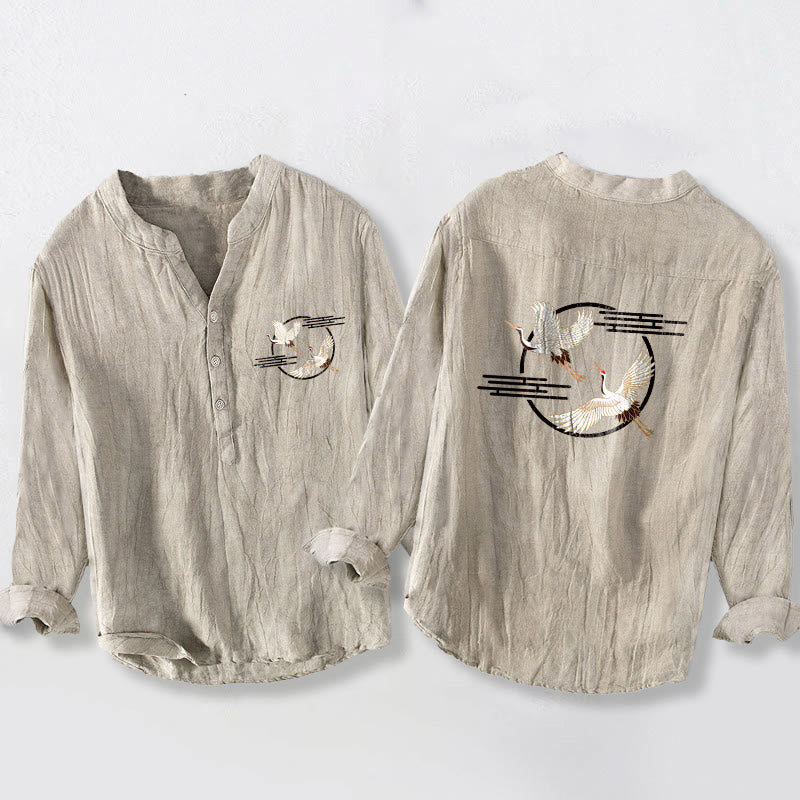 Herren-Langarmhemd aus Baumwoll Buddha Stones und Kranichmuster, halben Knöpfen und weißem Muster. - Leinen - US/ UK/AU50, EU60 (5XL) - image 6