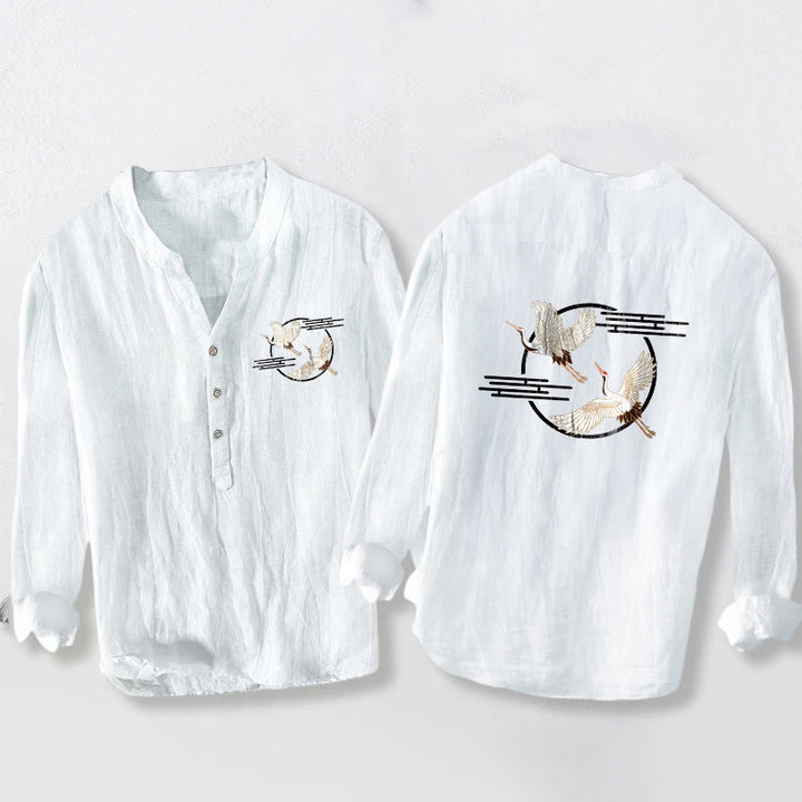 Herren-Langarmhemd aus Baumwoll Buddha Stones und Kranichmuster, halben Knöpfen und weißem Muster. - Weiß - US/ UK/AU50, EU60 (5XL) - image 3