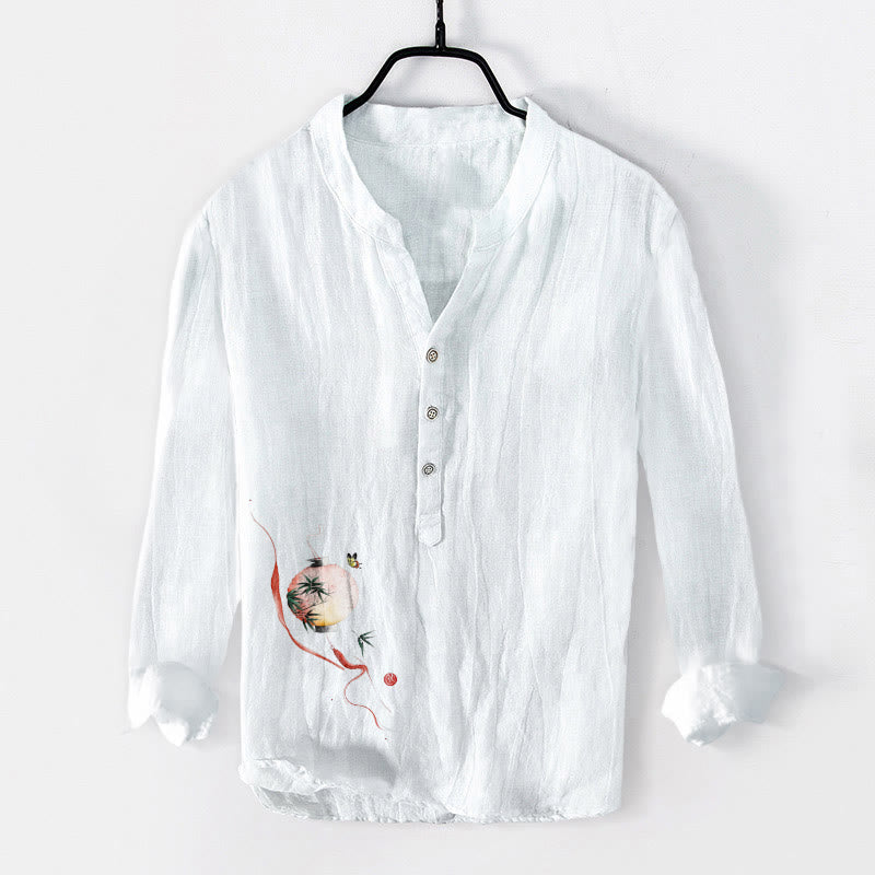 Herren-Langarmhemd aus Baumwoll-Leinen-Mischgewebe mit Buddha Stones, Schmetterlings- und Bambuslaternenmuster sowie halben Knöpfen. - Weiß - US/ UK/AU50, EU60 (5XL) - image 3