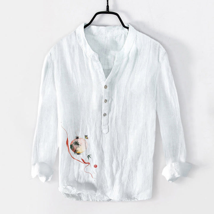 Herren-Langarmhemd aus Baumwoll-Leinen-Mischgewebe mit Buddha Stones, Schmetterlings- und Bambuslaternenmuster sowie halben Knöpfen. - Weiß - US/ UK/AU50, EU60 (5XL) - image 3