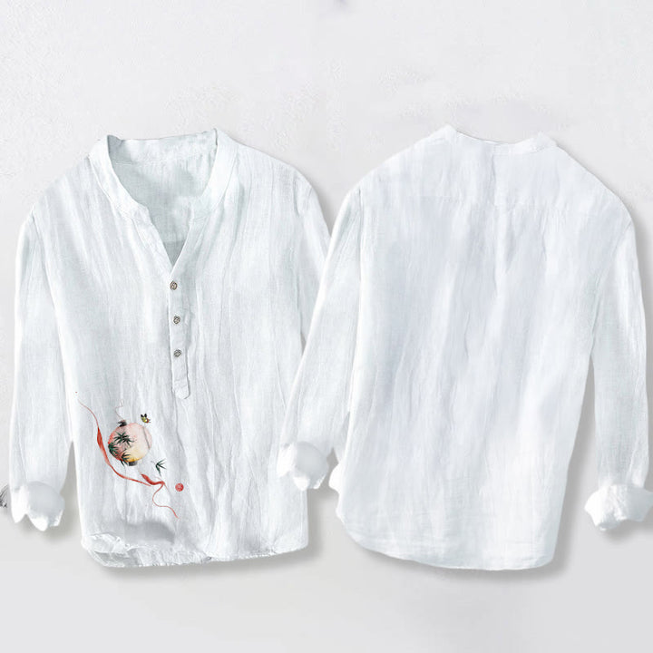 Herren-Langarmhemd aus Baumwoll-Leinen-Mischgewebe mit Buddha Stones, Schmetterlings- und Bambuslaternenmuster sowie halben Knöpfen. - image 5