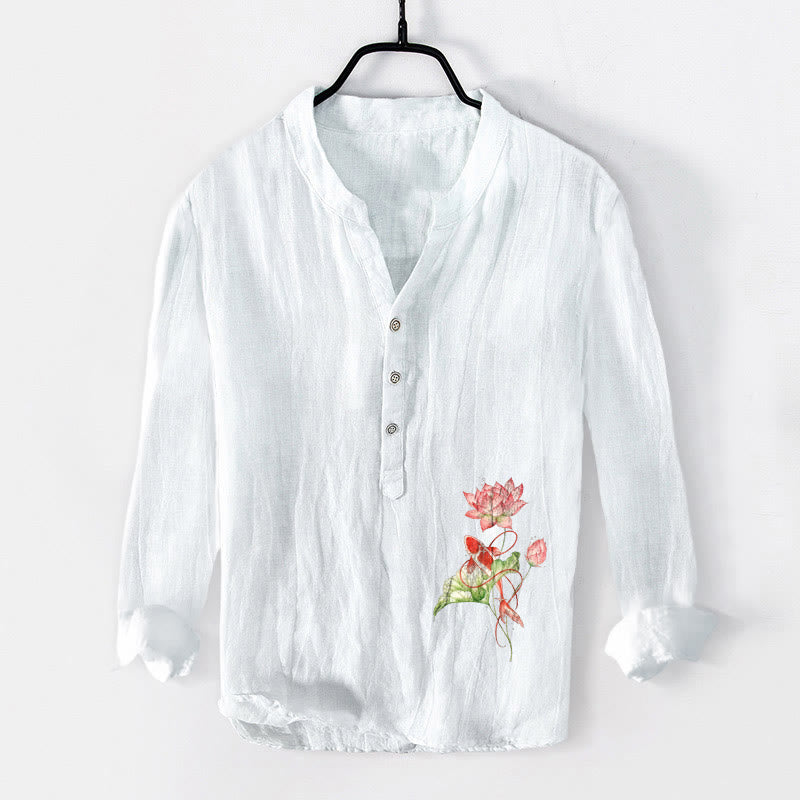 Herren-Langarmhemd aus Baumwoll-Leinen-Mischgewebe mit Buddha Stones, schwimmenden Koi-Karpfen und Lotusmuster sowie halben Knöpfen. - Weiß - US/ UK/AU50, EU60 (5XL) - image 0