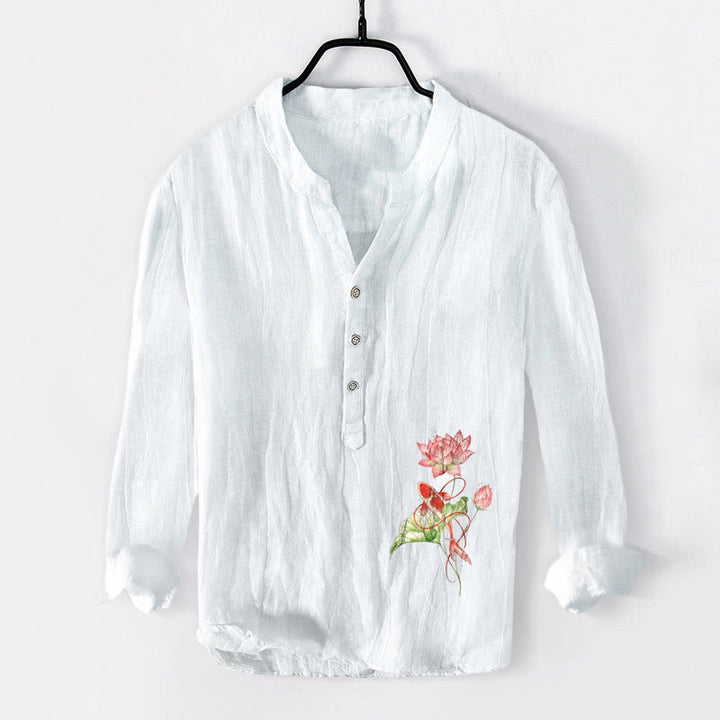 Herren-Langarmhemd aus Baumwoll-Leinen-Mischgewebe mit Buddha Stones, schwimmenden Koi-Karpfen und Lotusmuster sowie halben Knöpfen. - Weiß - US/ UK/AU50, EU60 (5XL) - image 0